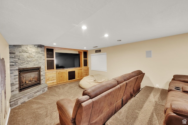 8322 S Copper Vista Cir, West Jordan, UT 84081 - carpeted living room with recessed lighting and a fireplace