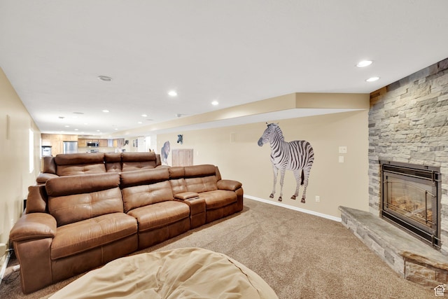 8322 S Copper Vista Cir, West Jordan, UT 84081 - living room with carpet, recessed lighting, and a fireplace