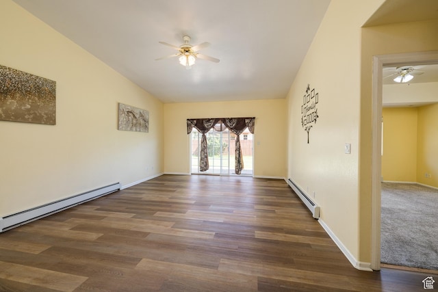 542 W Hale Ave, Moab, UT 84532 - spare room featuring baseboard heating, ceiling fan, a baseboard heating unit, vaulted ceiling, and wood finished floors