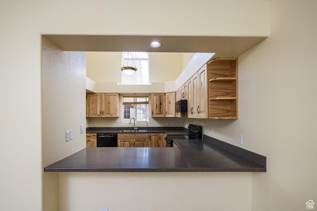 542 W Hale Ave, Moab, UT 84532 - kitchen featuring black appliances, dark countertops, a peninsula, and open shelves