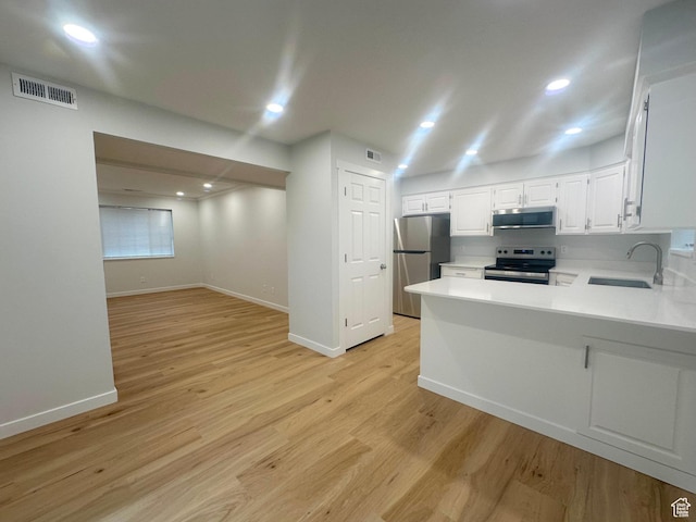 623 S 500 W Unit 17, Provo, UT 84601 - kitchen featuring stainless steel appliances, light countertops, light wood-style floors, a peninsula, and white cabinetry