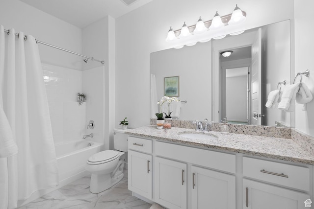 6856 W 8060 S, West Jordan, UT 84081 - bathroom with shower / tub combo with curtain, vanity, and marble finish flooring