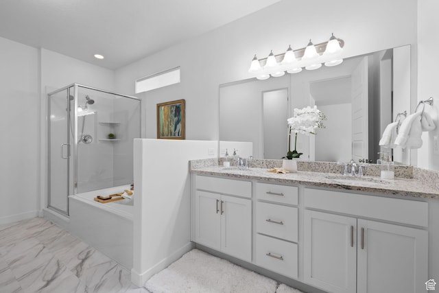 6856 W 8060 S, West Jordan, UT 84081 - full bathroom with a shower stall, double vanity, a bath, and marble look tile flooring