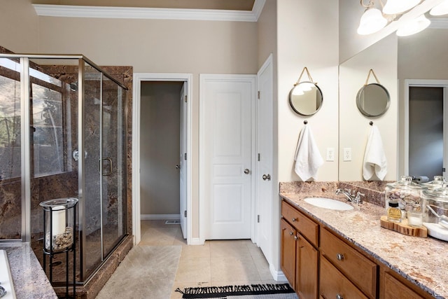 4179 W Sandalwood Dr, Cedar Hills, UT 84062 - full bathroom with crown molding, vanity, a stall shower, and tile patterned flooring