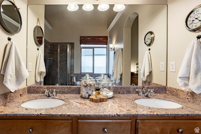 4179 W Sandalwood Dr, Cedar Hills, UT 84062 - full bathroom with double vanity, a stall shower, and crown molding