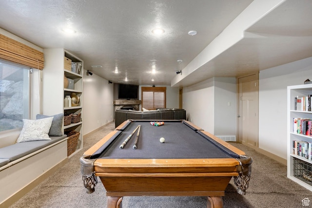 4179 W Sandalwood Dr, Cedar Hills, UT 84062 - playroom with carpet, pool table, a fireplace, and a textured ceiling