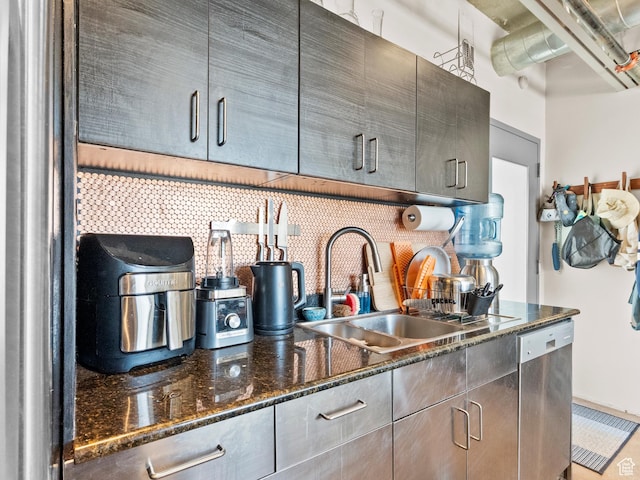 360 W Broadway S Unit 619, Salt Lake City, UT 84101 - kitchen featuring stainless steel dishwasher, decorative backsplash, dark stone countertops, and gray cabinetry