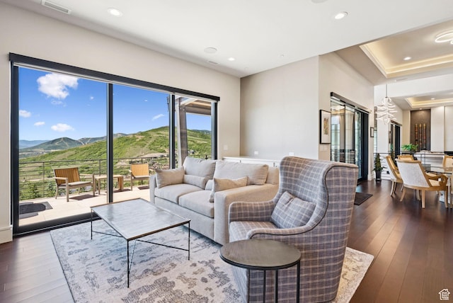 13690 N Deer Canyon Dr, Kamas, UT 84036 - living area with a mountain view, dark wood-style floors, and recessed lighting
