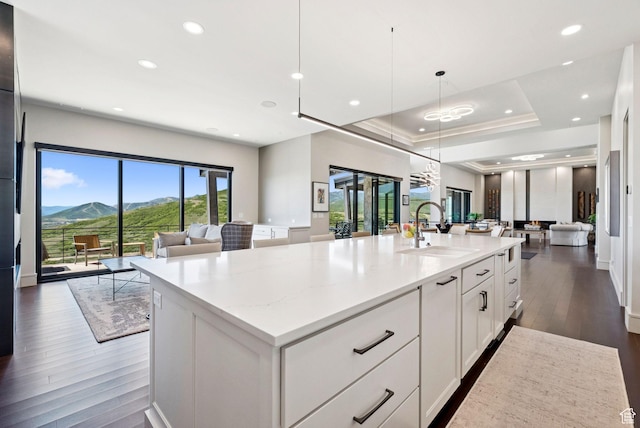 13690 N Deer Canyon Dr, Kamas, UT 84036 - kitchen with open floor plan, a mountain view, dark wood-style floors, white cabinets, and a large island