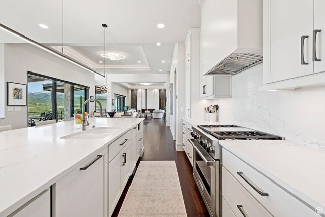 13690 N Deer Canyon Dr, Kamas, UT 84036 - kitchen with high end stainless steel range oven, custom range hood, white cabinets, dark wood-style flooring, and recessed lighting