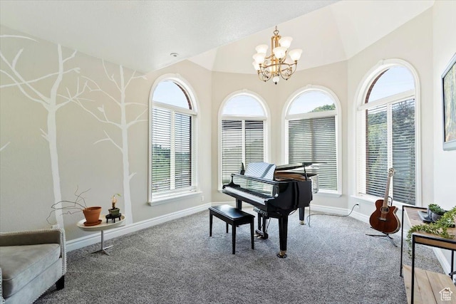 2718 N 2125 E, Layton, UT 84040 - living area with carpet floors, a chandelier, and lofted ceiling