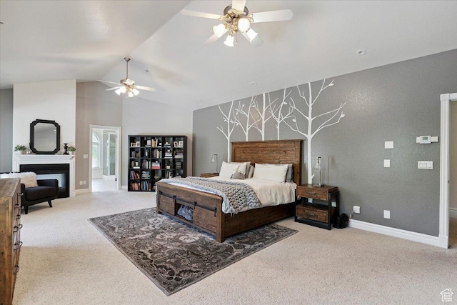 2718 N 2125 E, Layton, UT 84040 - bedroom featuring carpet floors, a fireplace, high vaulted ceiling, and ceiling fan