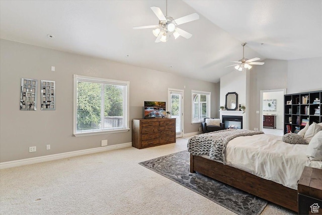 2718 N 2125 E, Layton, UT 84040 - bedroom with carpet, vaulted ceiling, a glass covered fireplace, and ceiling fan