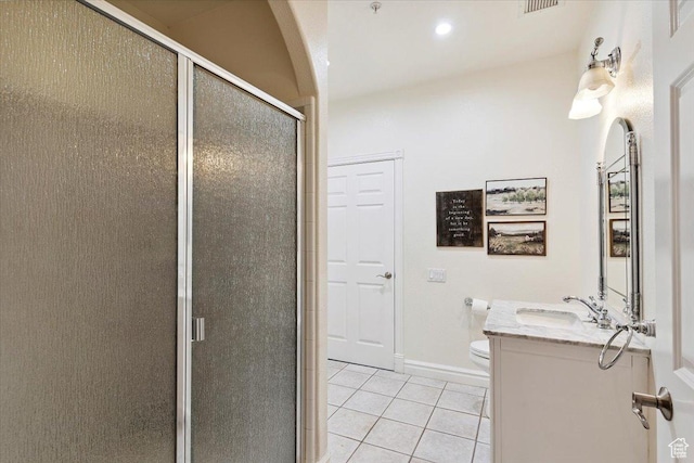 2718 N 2125 E, Layton, UT 84040 - bathroom featuring tile patterned flooring, vanity, a stall shower, and recessed lighting