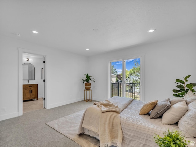 6685 S 3380 W, West Jordan, UT 84084 - bedroom featuring access to exterior, recessed lighting, light colored carpet, and ensuite bathroom
