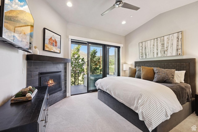 4313 Holly Frost Ct, Park City, UT 84098 - carpeted bedroom featuring access to exterior, vaulted ceiling, a tiled fireplace, recessed lighting, and ceiling fan