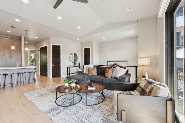 4313 Holly Frost Ct, Park City, UT 84098 - living room featuring ceiling fan, light wood-style flooring, recessed lighting, and lofted ceiling