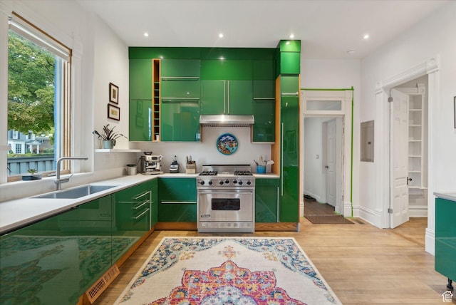 853 E Second Ave N, Salt Lake City, UT 84103 - kitchen with designer stove, green cabinetry, light wood-style flooring, electric panel, and recessed lighting