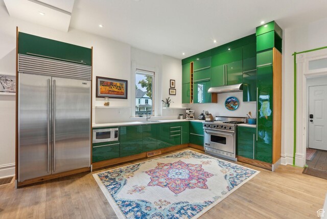 853 E Second Ave N, Salt Lake City, UT 84103 - kitchen featuring built in appliances, green cabinetry, light wood-type flooring, under cabinet range hood, and light countertops