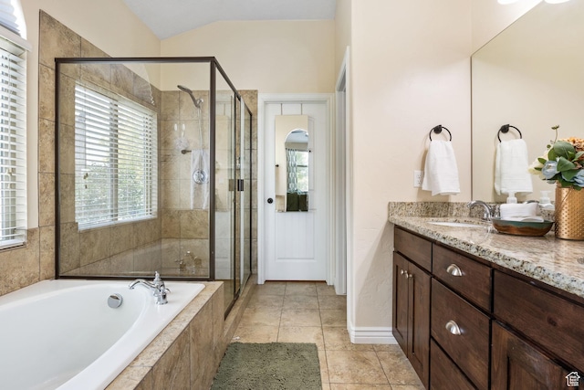 6082 W Cedar Fork Dr S, West Jordan, UT 84081 - bathroom with vanity, a bath, a shower stall, tile patterned floors, and lofted ceiling