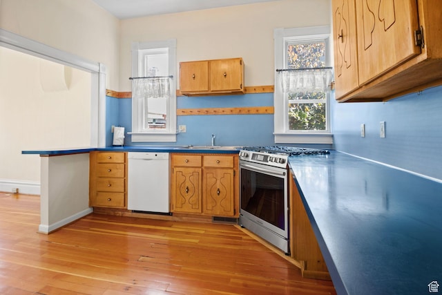 320 E 3rd Ave, Salt Lake City, UT 84103 - kitchen featuring dishwasher, stainless steel gas range, light wood-type flooring, and stainless steel counters