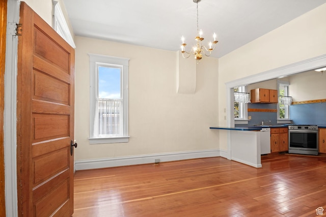 320 E 3rd Ave, Salt Lake City, UT 84103 - kitchen with stainless steel electric range oven, hardwood / wood-style floors, a chandelier, dishwasher, and plenty of natural light