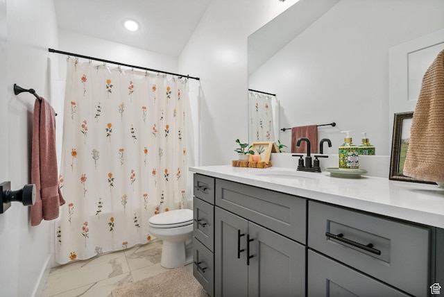 2418 E Quaking Aspen Ln, Eagle Mountain, UT 84005 - full bathroom featuring marble look tiles, vanity, a shower with shower curtain, and recessed lighting