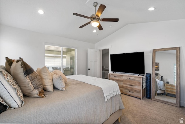 2418 E Quaking Aspen Ln, Eagle Mountain, UT 84005 - bedroom with vaulted ceiling, light carpet, recessed lighting, and ceiling fan