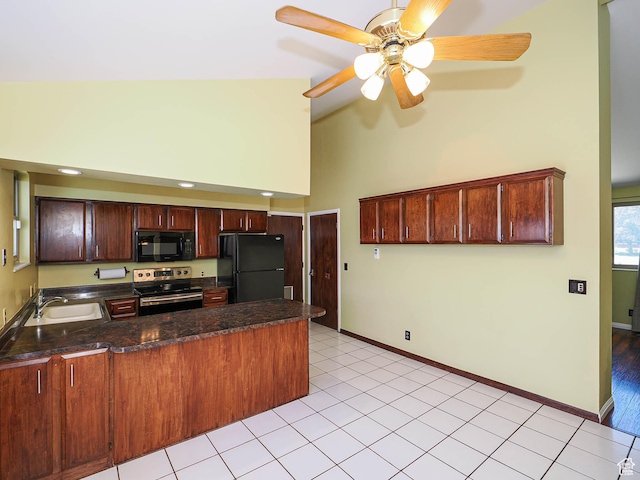 2333 W Ledgewood Dr, Taylorsville, UT 84129 - kitchen featuring black appliances, a peninsula, high vaulted ceiling, ceiling fan, and light tile patterned flooring