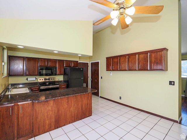 2333 W Ledgewood Dr, Taylorsville, UT 84129 - kitchen with black appliances, a peninsula, high vaulted ceiling, a ceiling fan, and light tile patterned flooring