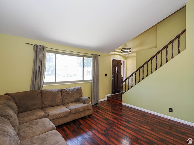 2333 W Ledgewood Dr, Taylorsville, UT 84129 - living room featuring wood-type flooring, stairway, and vaulted ceiling