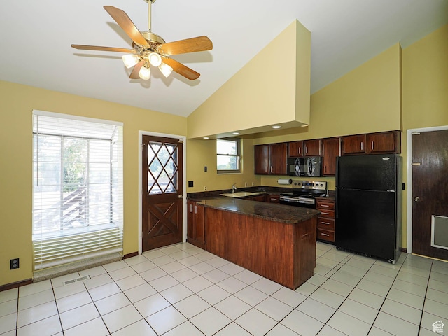 2333 W Ledgewood Dr, Taylorsville, UT 84129 - kitchen featuring black appliances, a peninsula, a ceiling fan, high vaulted ceiling, and light tile patterned floors