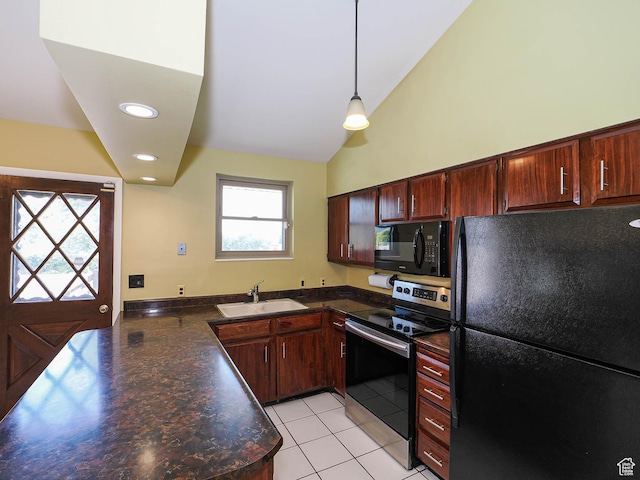 2333 W Ledgewood Dr, Taylorsville, UT 84129 - kitchen with black appliances, dark countertops, plenty of natural light, vaulted ceiling, and hanging light fixtures