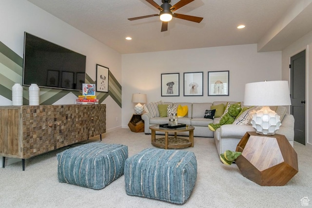 5063 W Rambutan Way S Unit 121, South Jordan, UT 84009 - living room featuring carpet, a ceiling fan, and recessed lighting