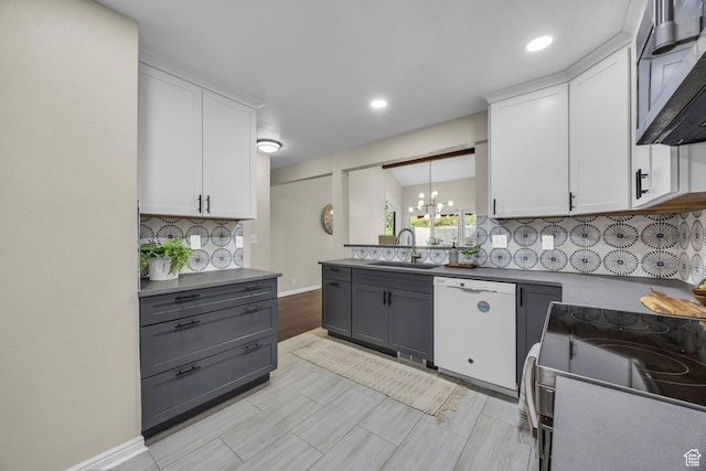 7430 S Wasatch Blvd E Unit I-2, Cottonwood Heights, UT 84121 - kitchen featuring white dishwasher, stainless steel electric range, a chandelier, gray cabinets, and white cabinetry