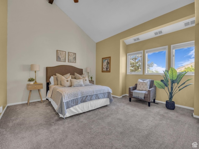7430 S Wasatch Blvd E Unit I-2, Cottonwood Heights, UT 84121 - carpeted bedroom featuring high vaulted ceiling and ceiling fan
