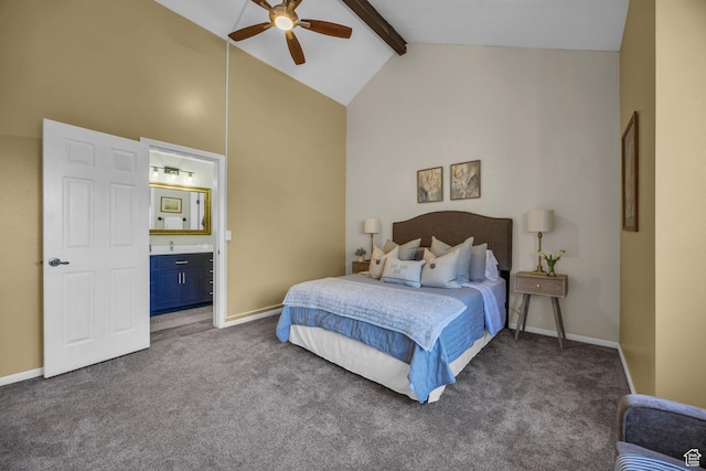 7430 S Wasatch Blvd E Unit I-2, Cottonwood Heights, UT 84121 - carpeted bedroom featuring beamed ceiling, high vaulted ceiling, ensuite bathroom, and a ceiling fan