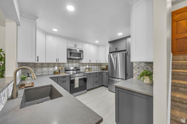 7430 S Wasatch Blvd E Unit I-2, Cottonwood Heights, UT 84121 - kitchen featuring appliances with stainless steel finishes, gray cabinets, backsplash, recessed lighting, and white cabinetry