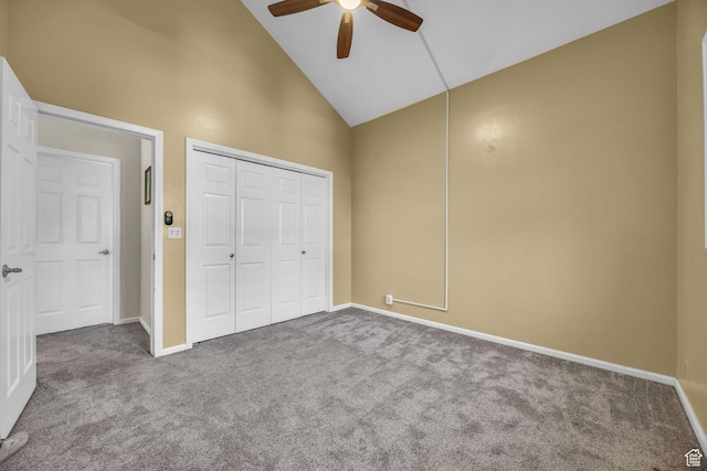 7430 S Wasatch Blvd E Unit I-2, Cottonwood Heights, UT 84121 - unfurnished bedroom with carpet, high vaulted ceiling, a closet, and a ceiling fan