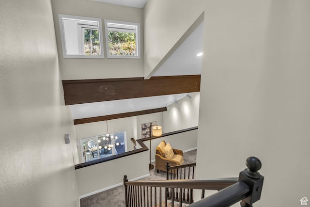 7430 S Wasatch Blvd E Unit I-2, Cottonwood Heights, UT 84121 - stairs featuring carpet floors and a chandelier