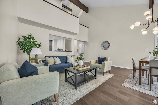 7430 S Wasatch Blvd E Unit I-2, Cottonwood Heights, UT 84121 - living area with beamed ceiling, a chandelier, dark wood-style flooring, and high vaulted ceiling