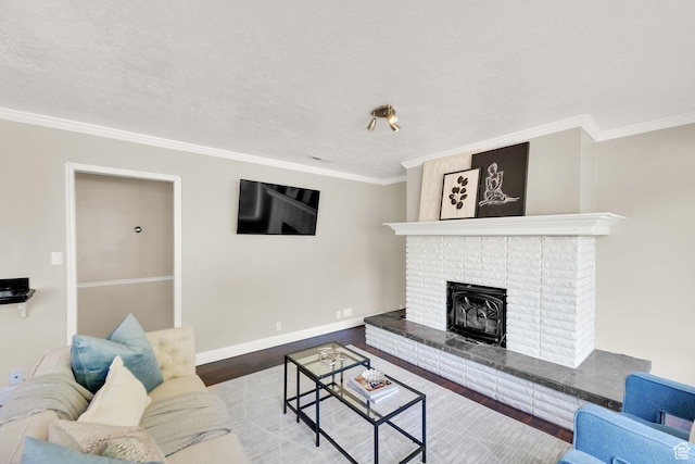 2270 E 1700 S, Salt Lake City, UT 84108 - living room with wood finished floors, crown molding, a brick fireplace, and a textured ceiling