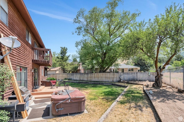 3286 Danish Hills Cir, Cottonwood Heights, UT 84121 - fenced backyard featuring a hot tub, a balcony, and a wooden deck