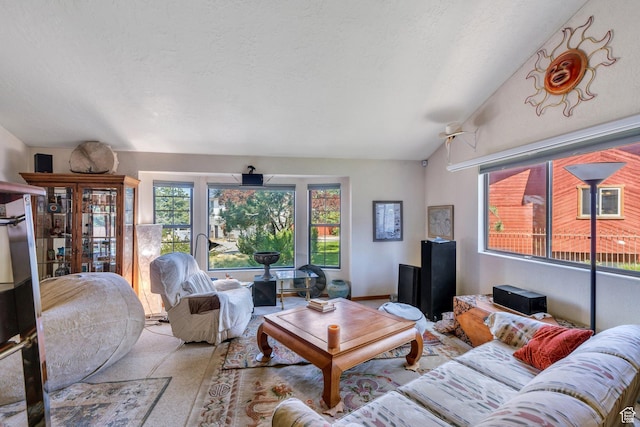 3286 Danish Hills Cir, Cottonwood Heights, UT 84121 - living room featuring a textured ceiling and vaulted ceiling