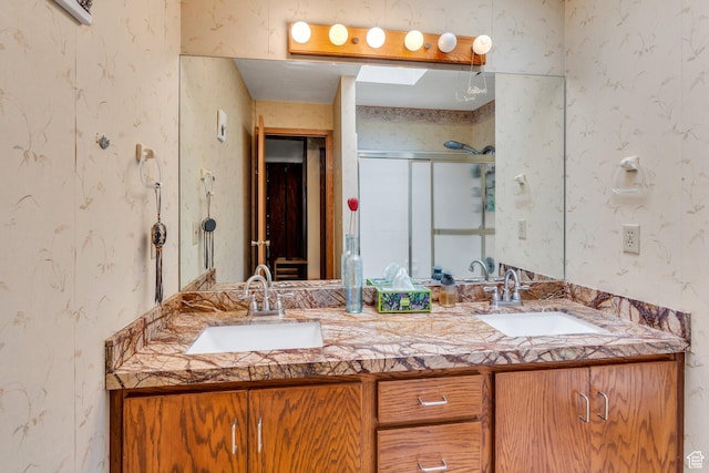 3286 Danish Hills Cir, Cottonwood Heights, UT 84121 - full bath featuring wallpapered walls, double vanity, and a stall shower