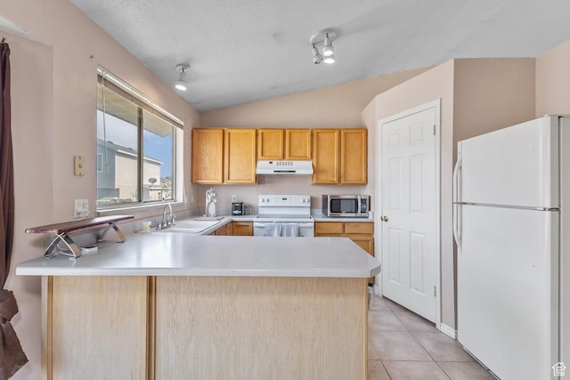 8770 S 3980 W, West Jordan, UT 84084 - kitchen featuring white appliances, under cabinet range hood, a peninsula, lofted ceiling, and light countertops