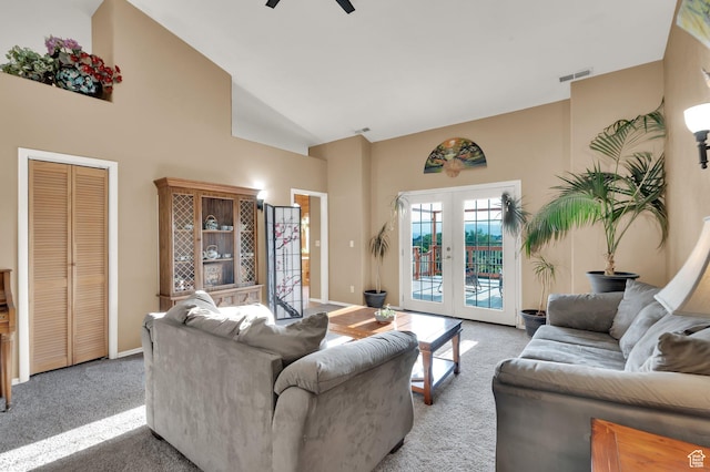 2313 N 850 E, Lehi, UT 84043 - living room with high vaulted ceiling, light colored carpet, a ceiling fan, and french doors