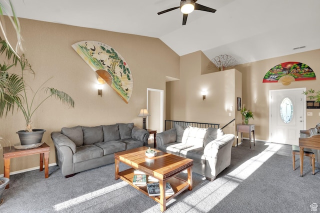 2313 N 850 E, Lehi, UT 84043 - living area with carpet flooring, ceiling fan, and high vaulted ceiling