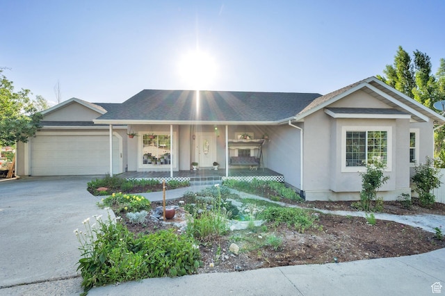 2313 N 850 E, Lehi, UT 84043 - ranch-style home with an attached garage, a porch, stucco siding, and concrete driveway