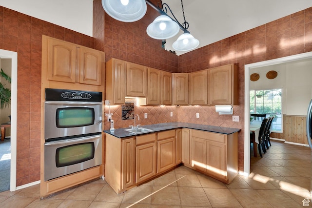 2313 N 850 E, Lehi, UT 84043 - kitchen with double oven, dark countertops, light brown cabinets, and light tile patterned flooring